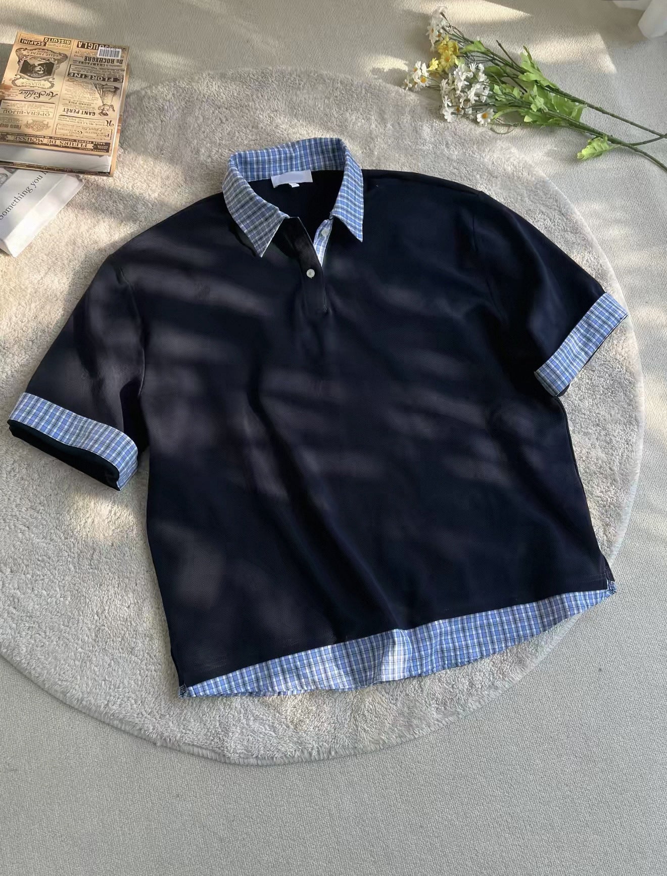 Faux-Layered Plaid Collar Polo