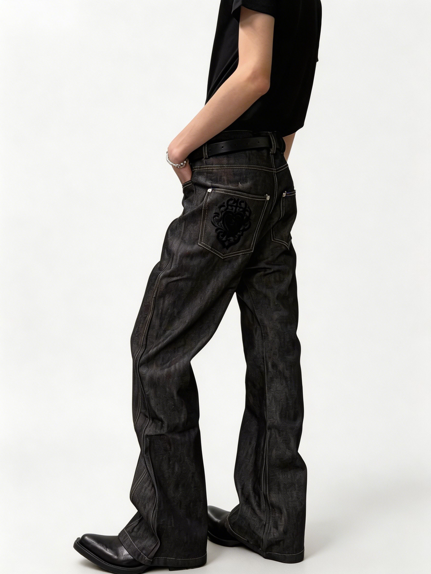 Raw selvedge flare denim contrast topstitching detail | ZIRR
