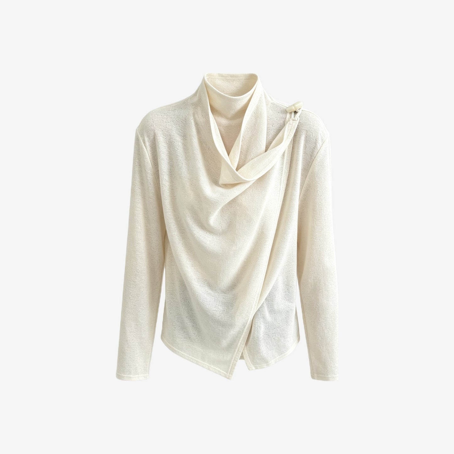 Draped cowl-neck knit top in cream — flat lay