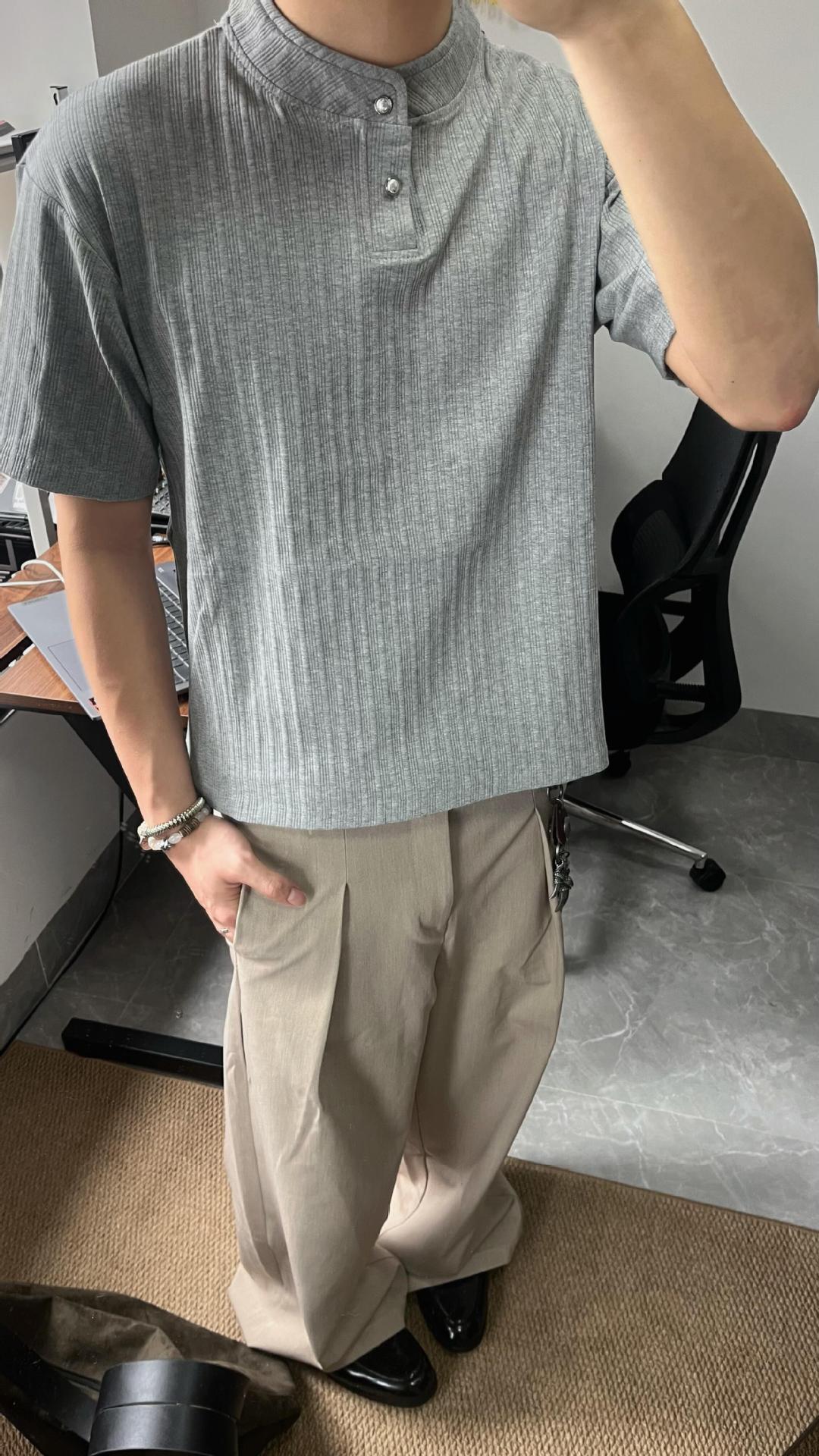 Grey ribbed henley tee on model