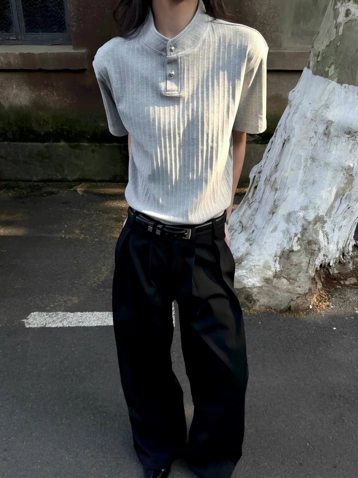 White ribbed henley tee on model