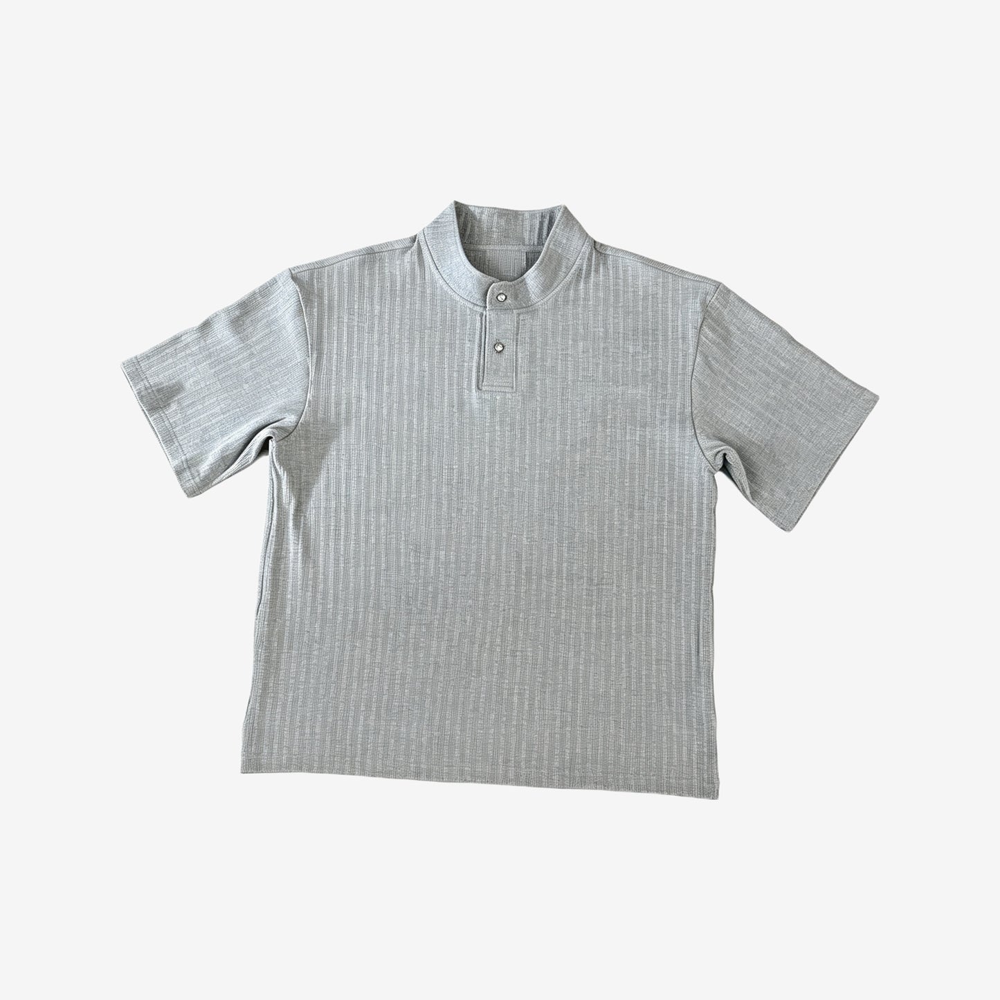Crystal button ribbed henley tee in grey — flat lay