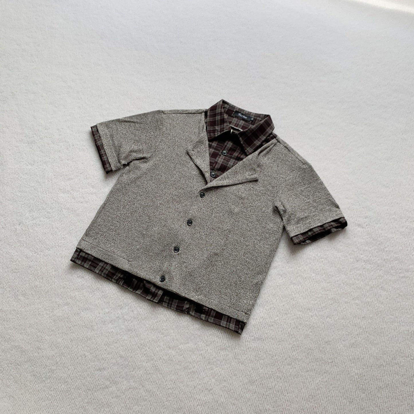 Plaid splice knit shirt burgundy plaid underlayer detail | ZIRR