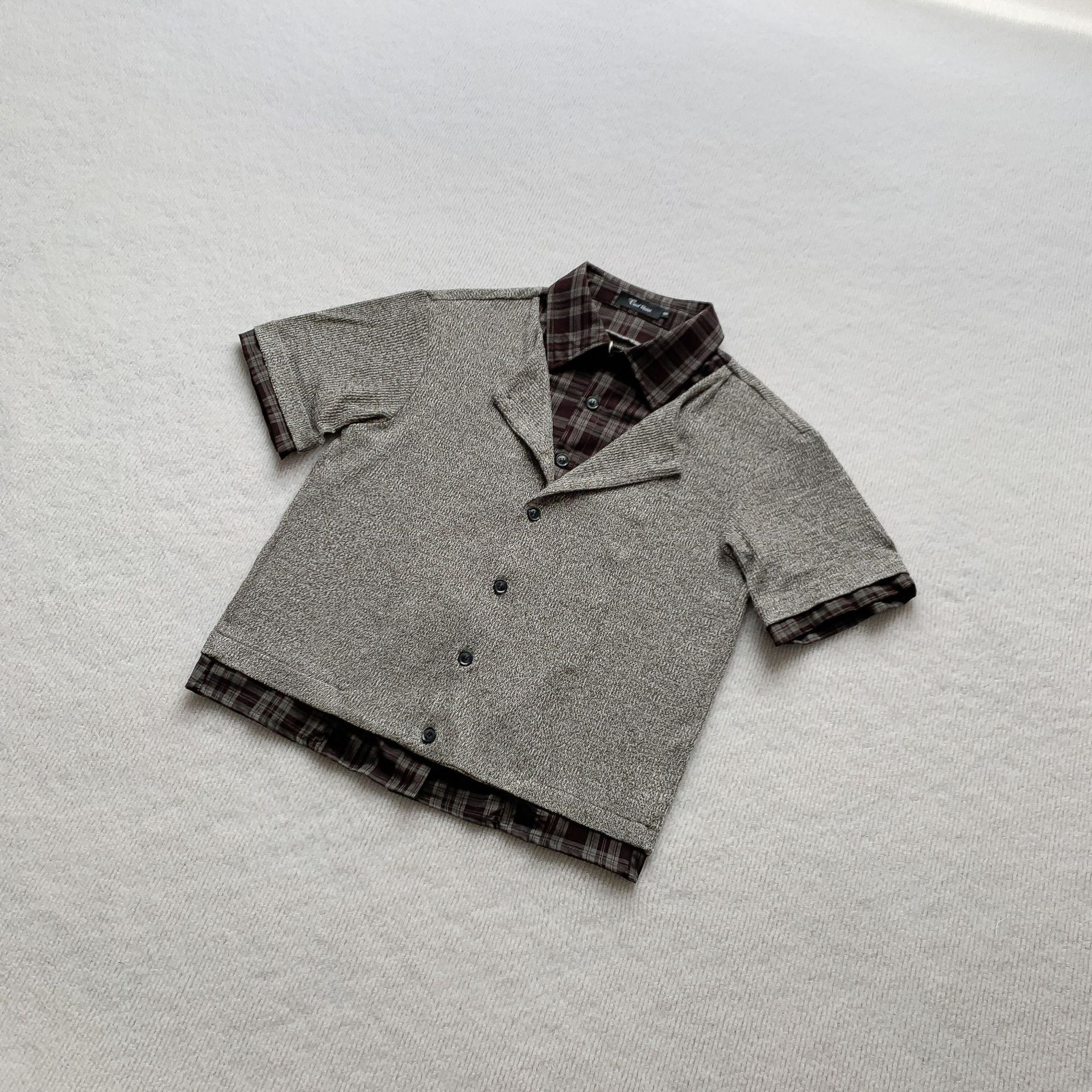 Plaid splice knit shirt burgundy plaid underlayer detail | ZIRR