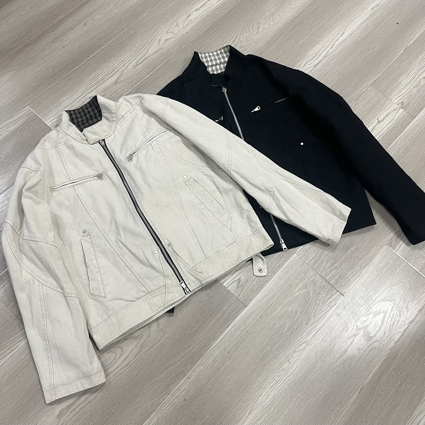 Washed canvas moto jacket stand collar detail | ZIRR