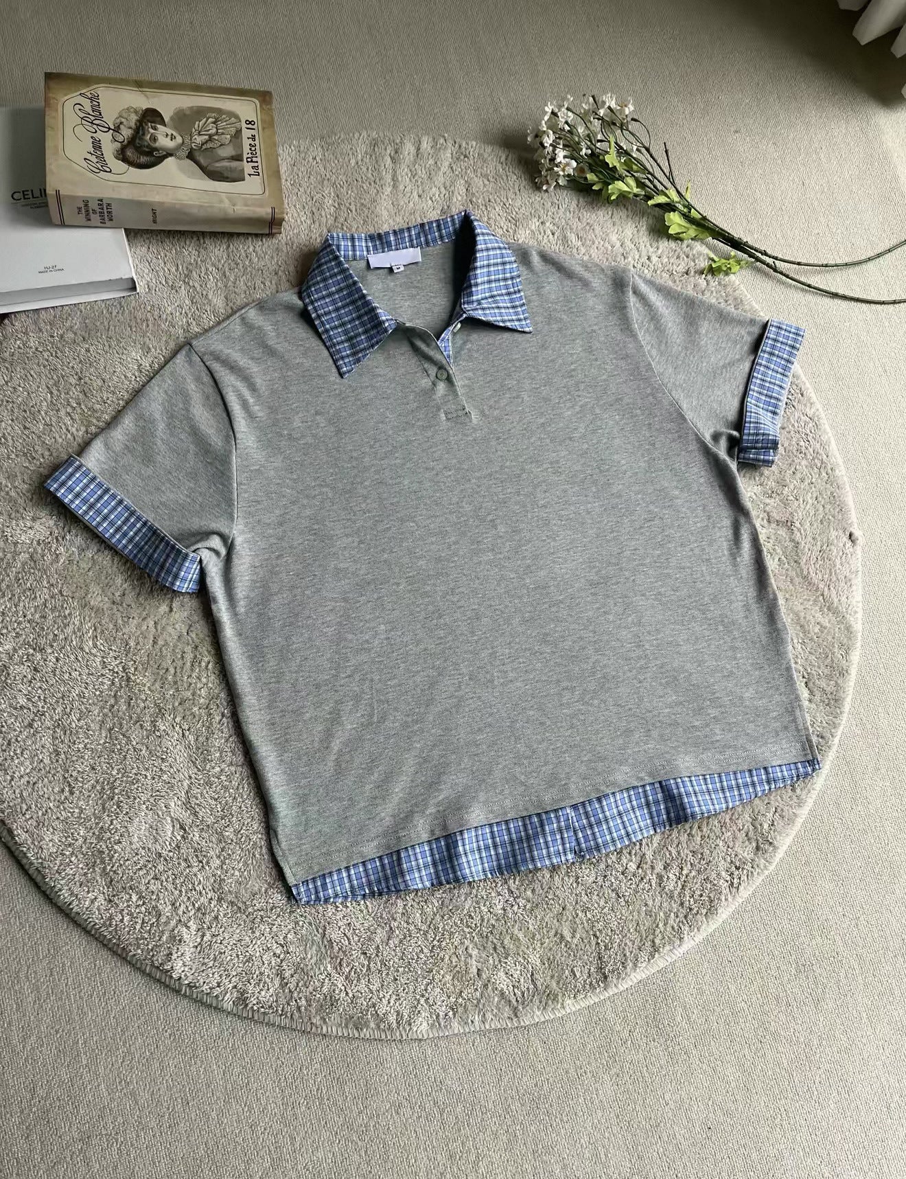 Faux-Layered Plaid Collar Polo