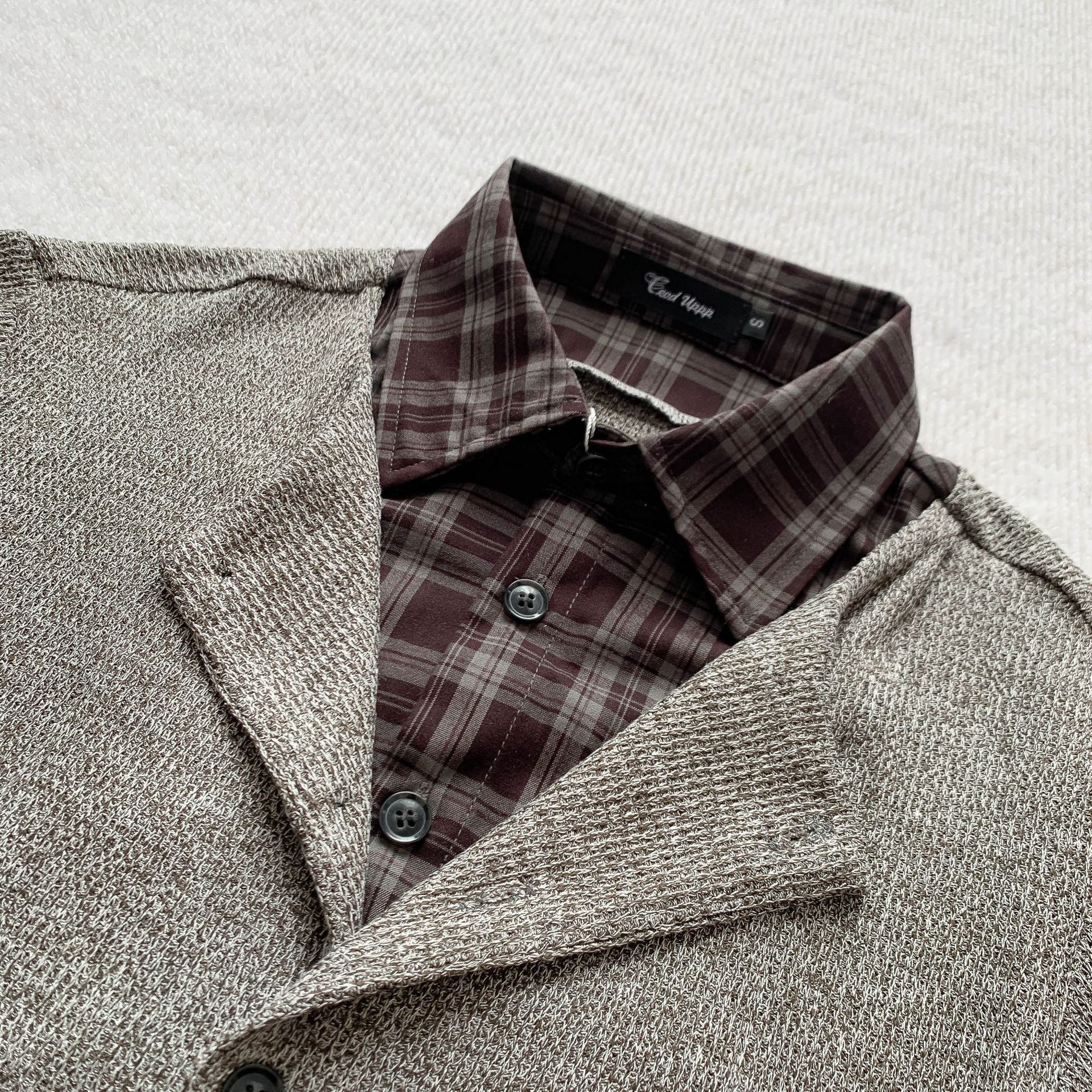 Plaid splice knit shirt side view | ZIRR