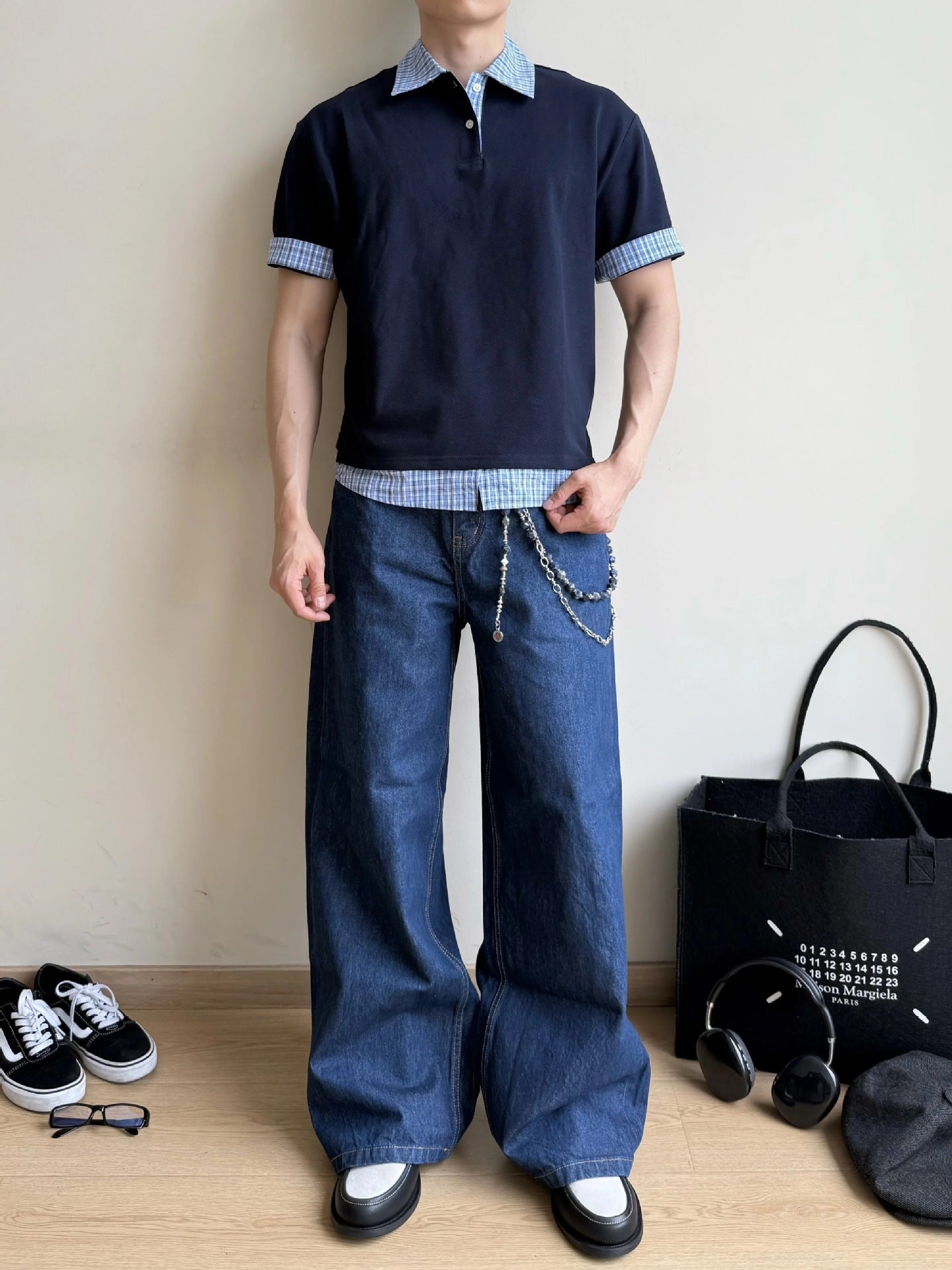 Faux-Layered Plaid Collar Polo