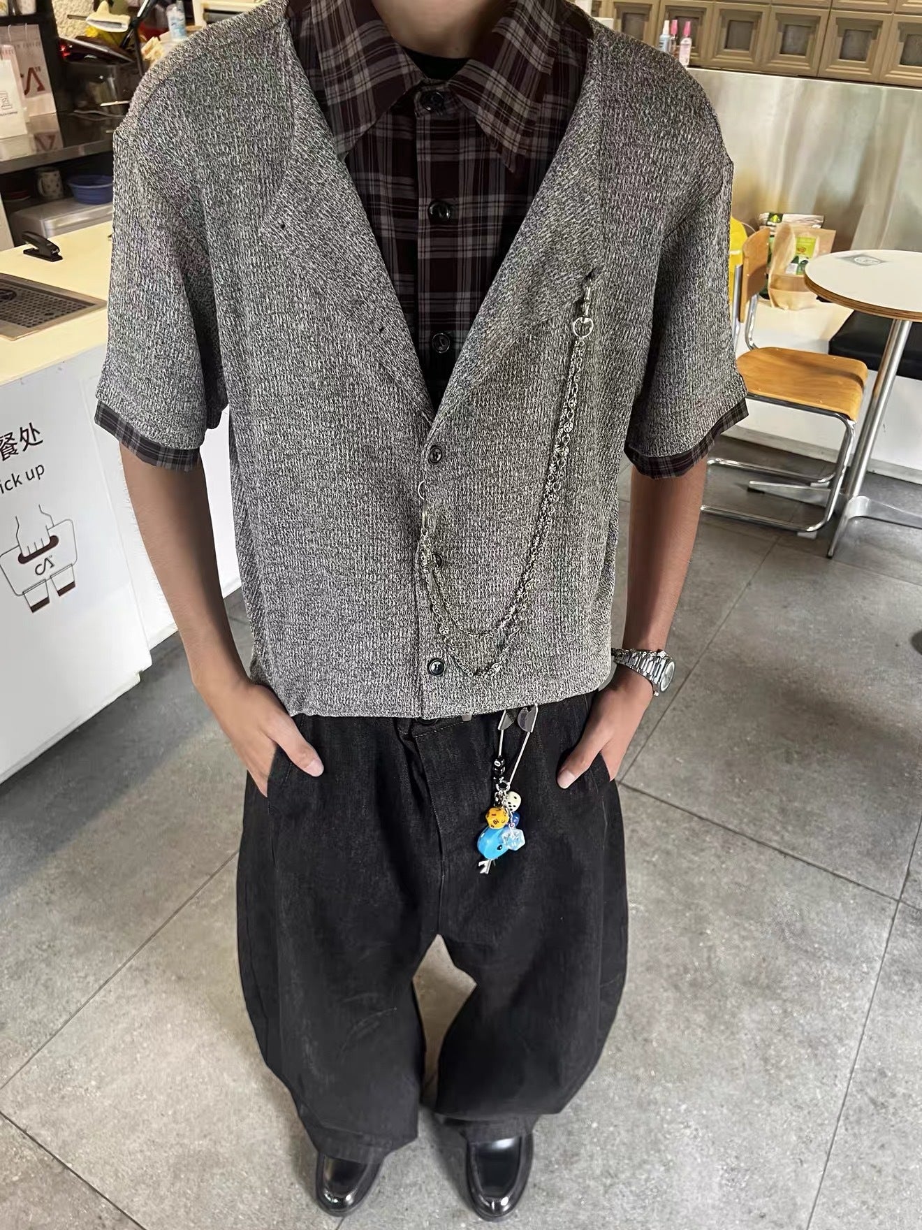 Plaid splice knit shirt front view | ZIRR