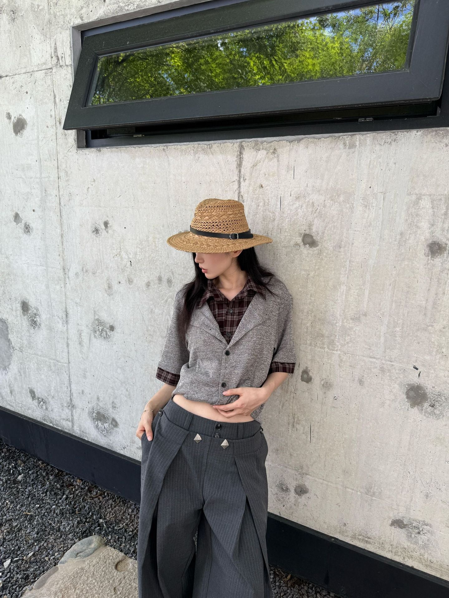 Plaid splice knit shirt grey knit outer detail | ZIRR