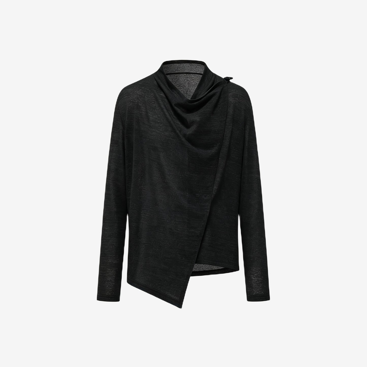 Draped cowl-neck knit top in black — flat lay