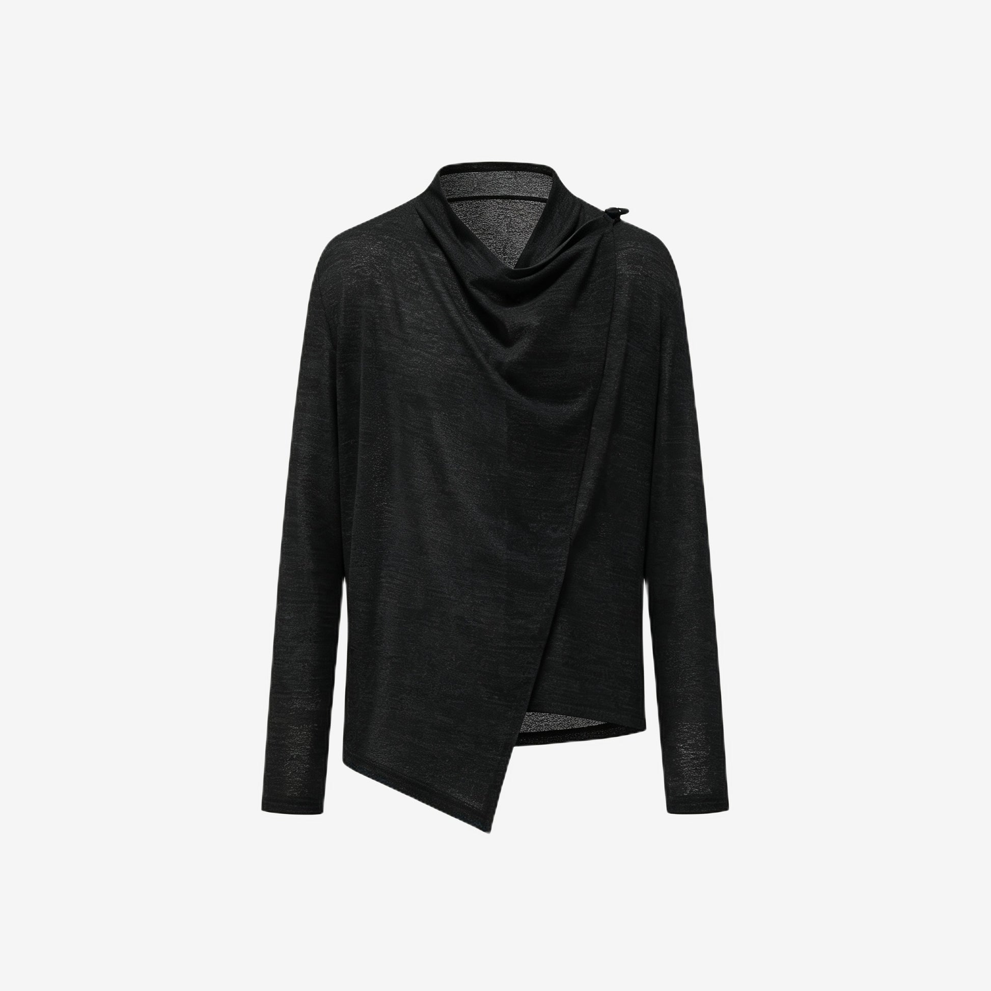 Draped cowl-neck knit top in black — flat lay