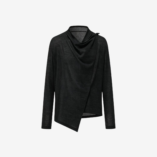 Draped cowl-neck knit top in black — flat lay