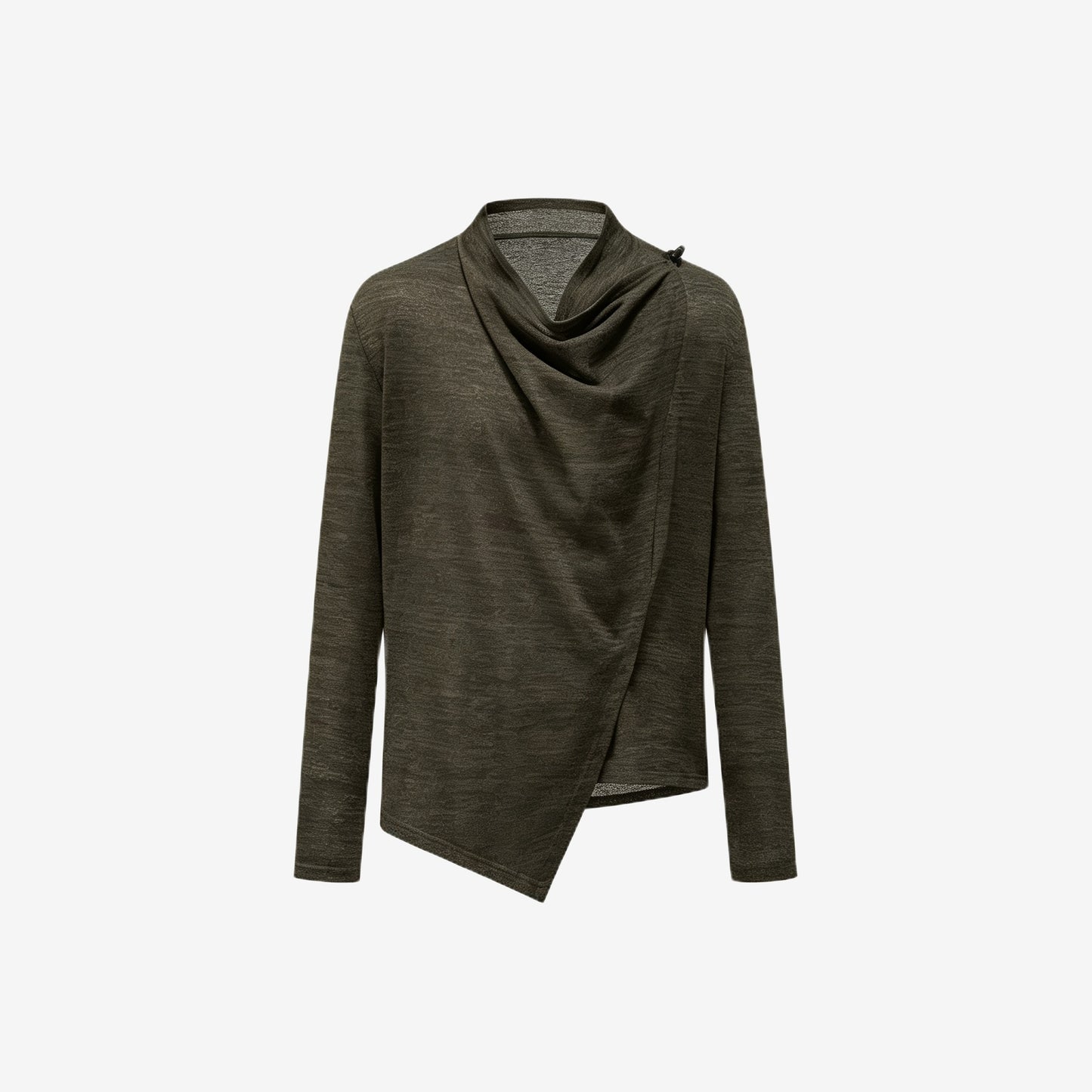 Draped cowl-neck knit top in coffee — flat lay
