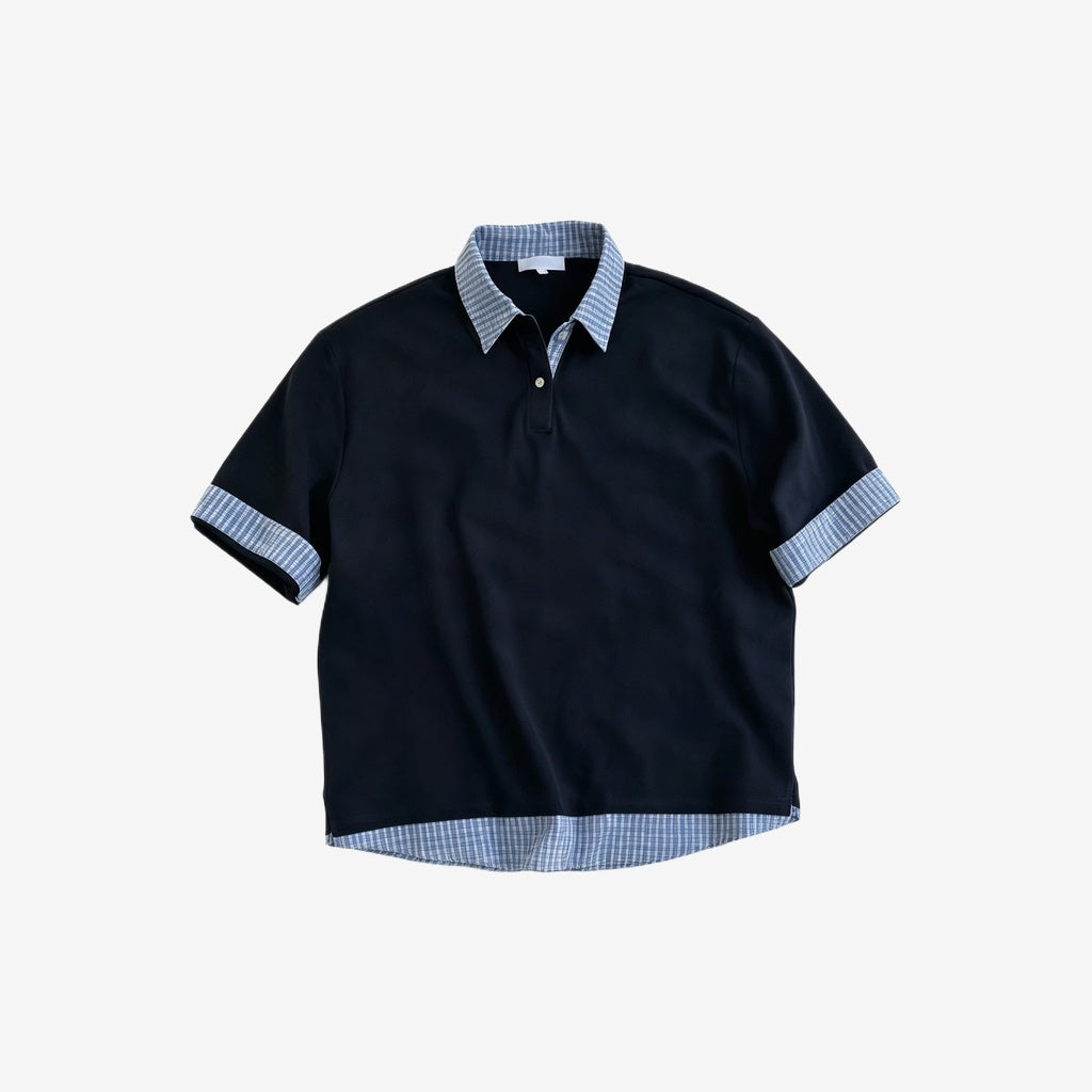 Faux-Layered Plaid Collar Polo