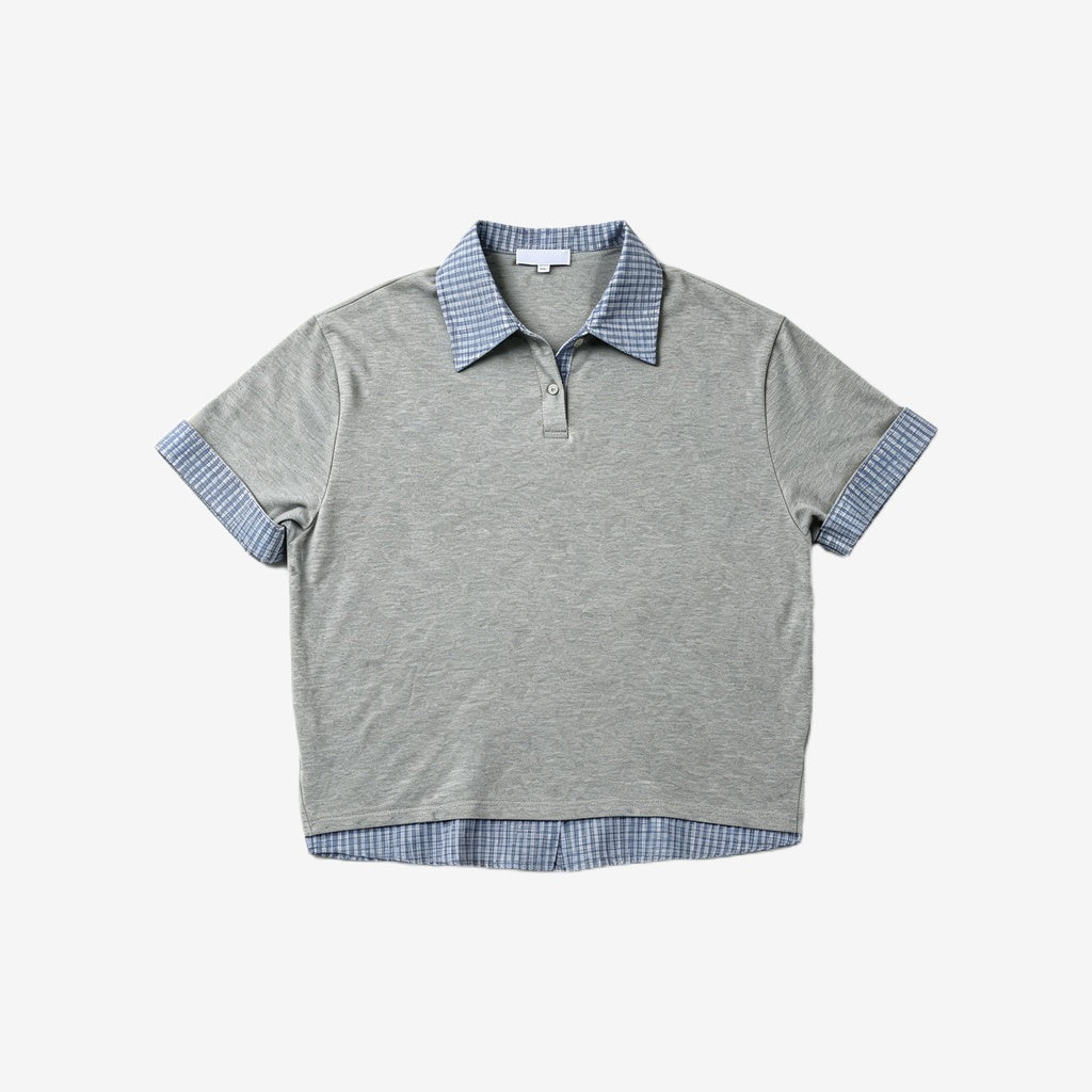 Faux-Layered Plaid Collar Polo
